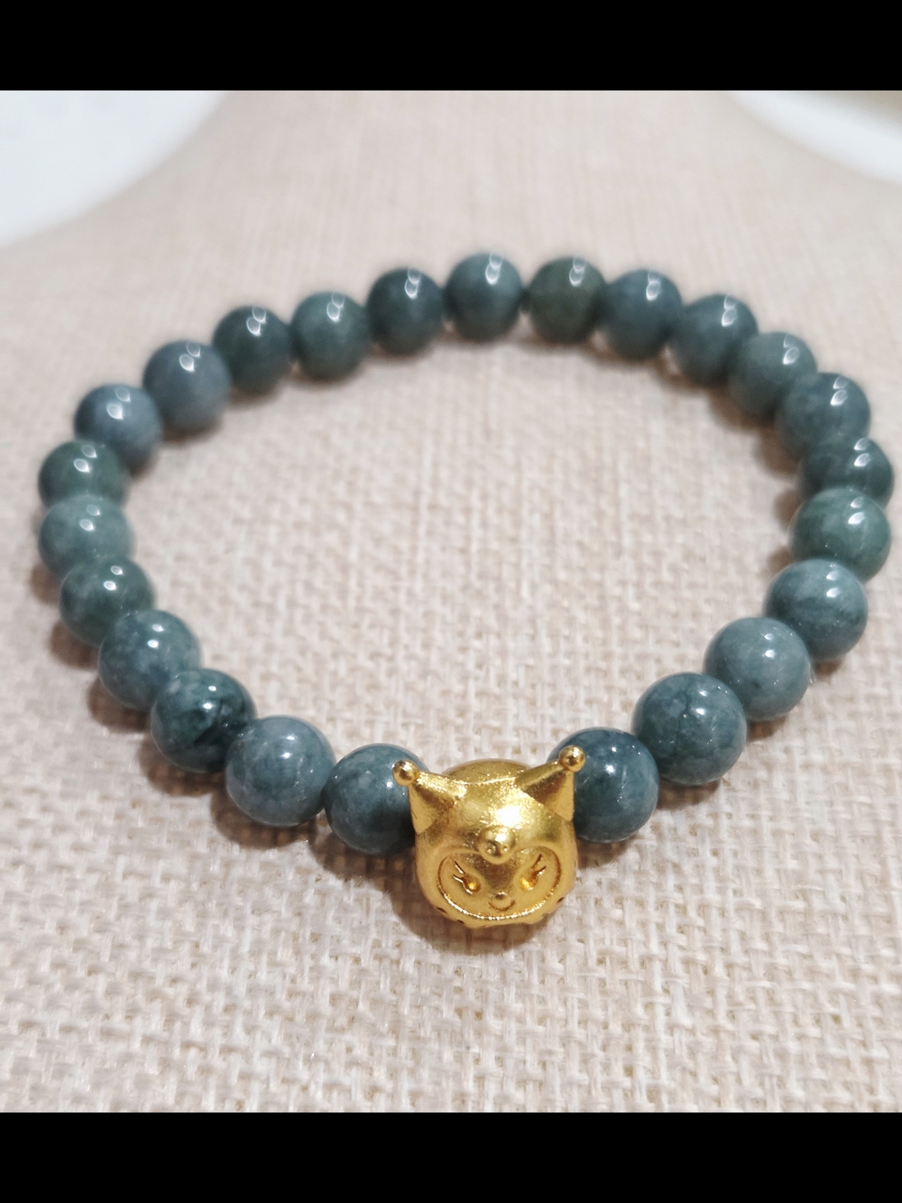 Authentic Green Jade Beaded Bracelet with Gold Cat Charm